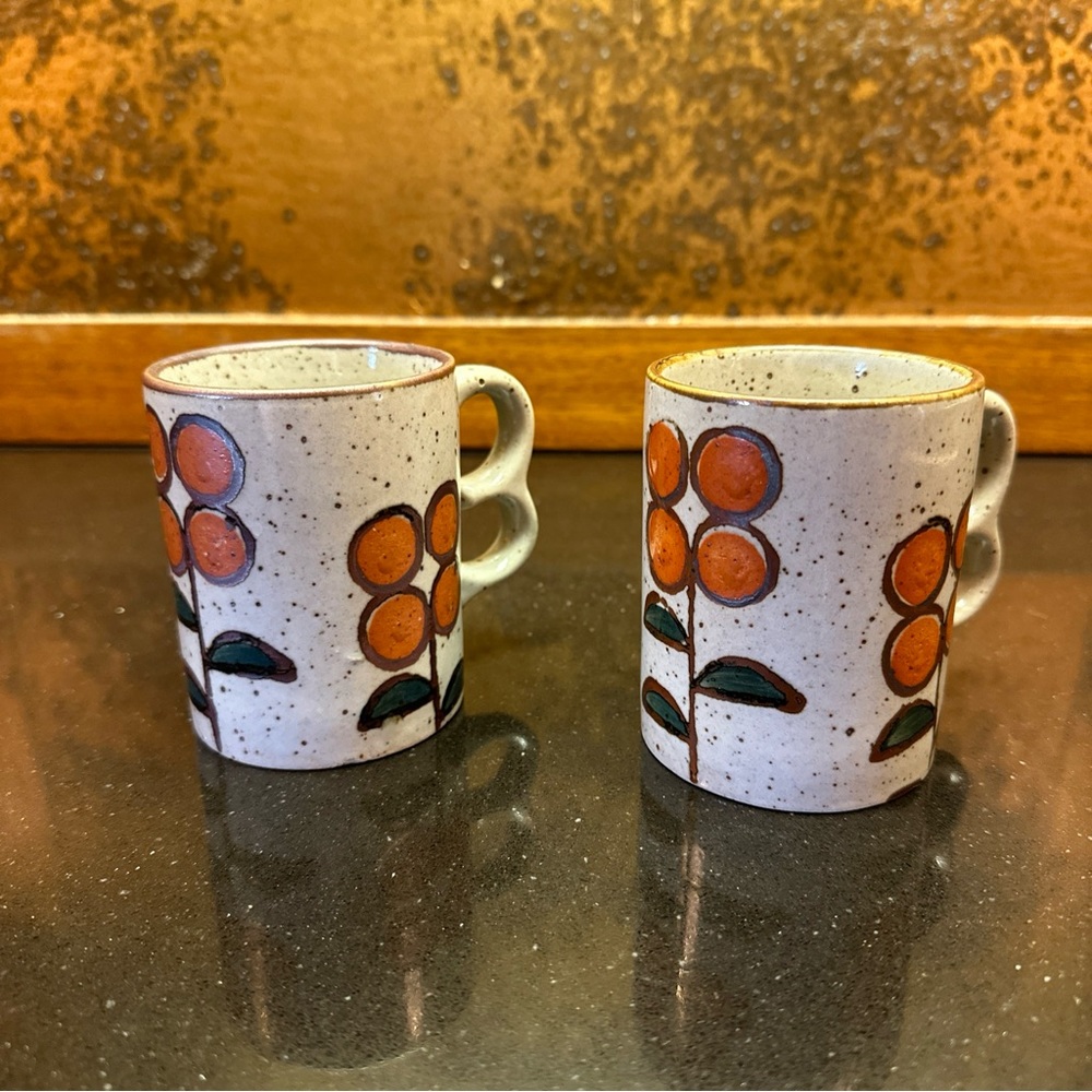 Vintage Japan Orange Flower Speckled Glaze Coffee Mugs (2)